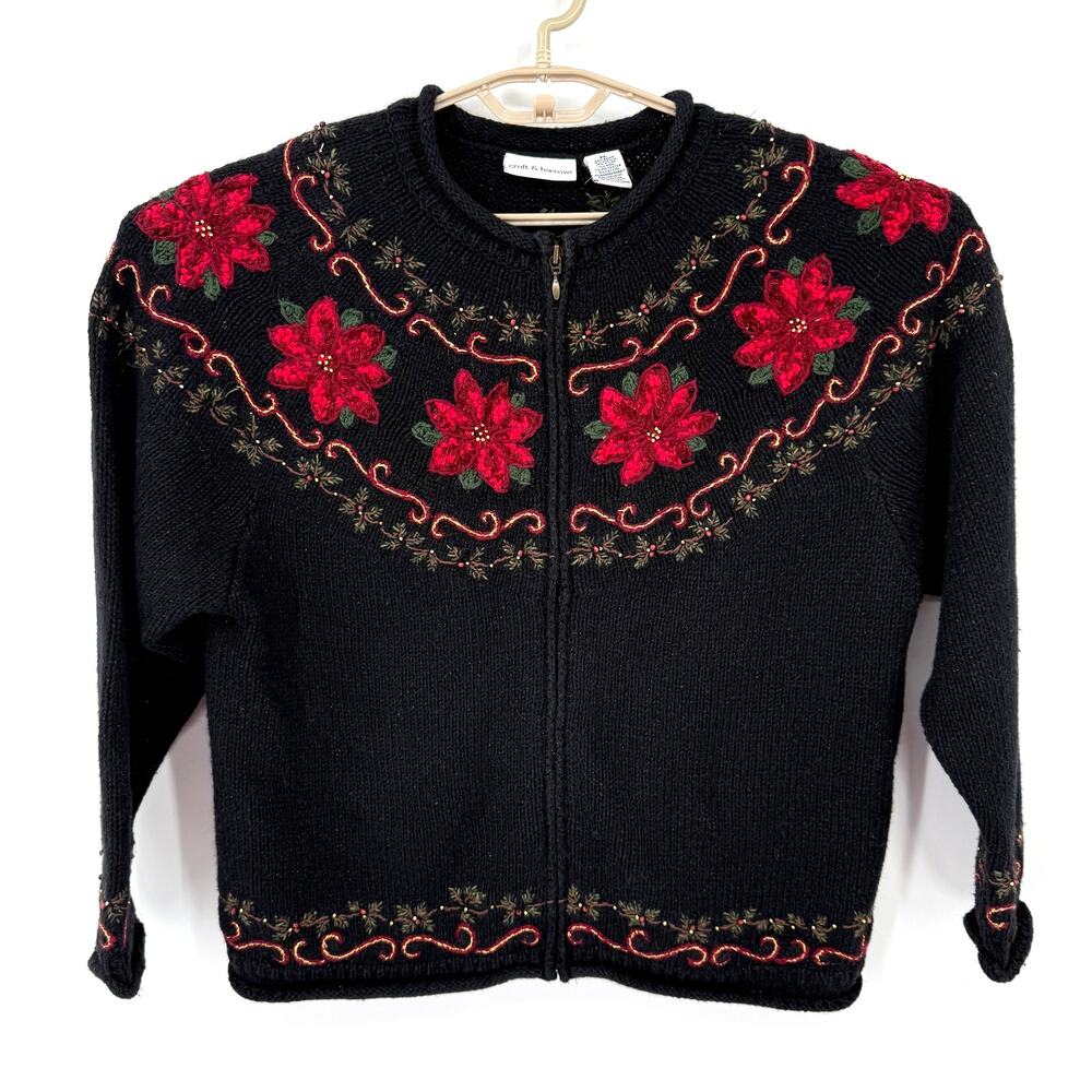 Croft & Barrow Vintage Fair Isle Poinsettia Zip Cardigan Sweater Black XL